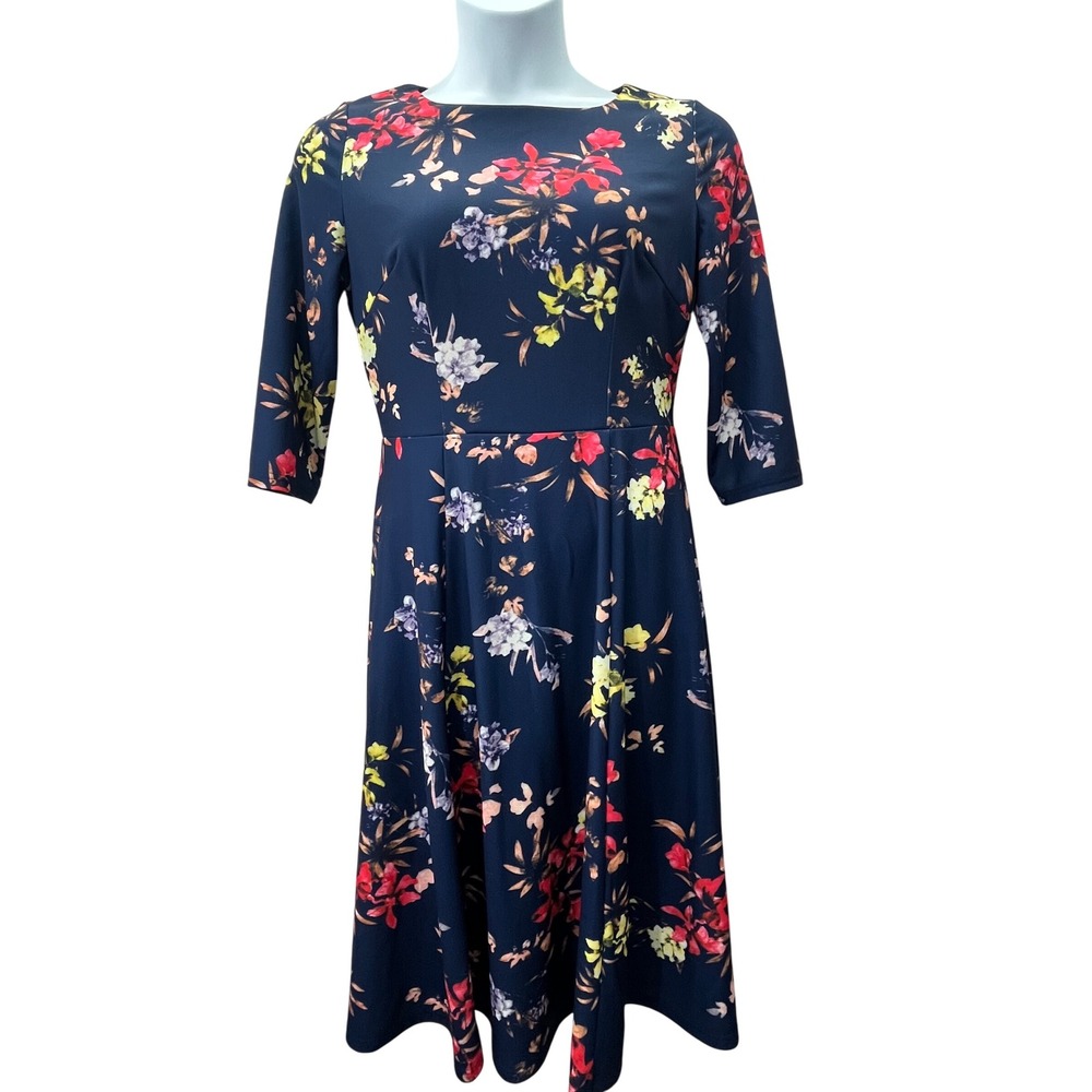 Women's Navy Floral Print Midi Dress 3/4 Sleeve Fit Flare L Mad Men Art to Wear